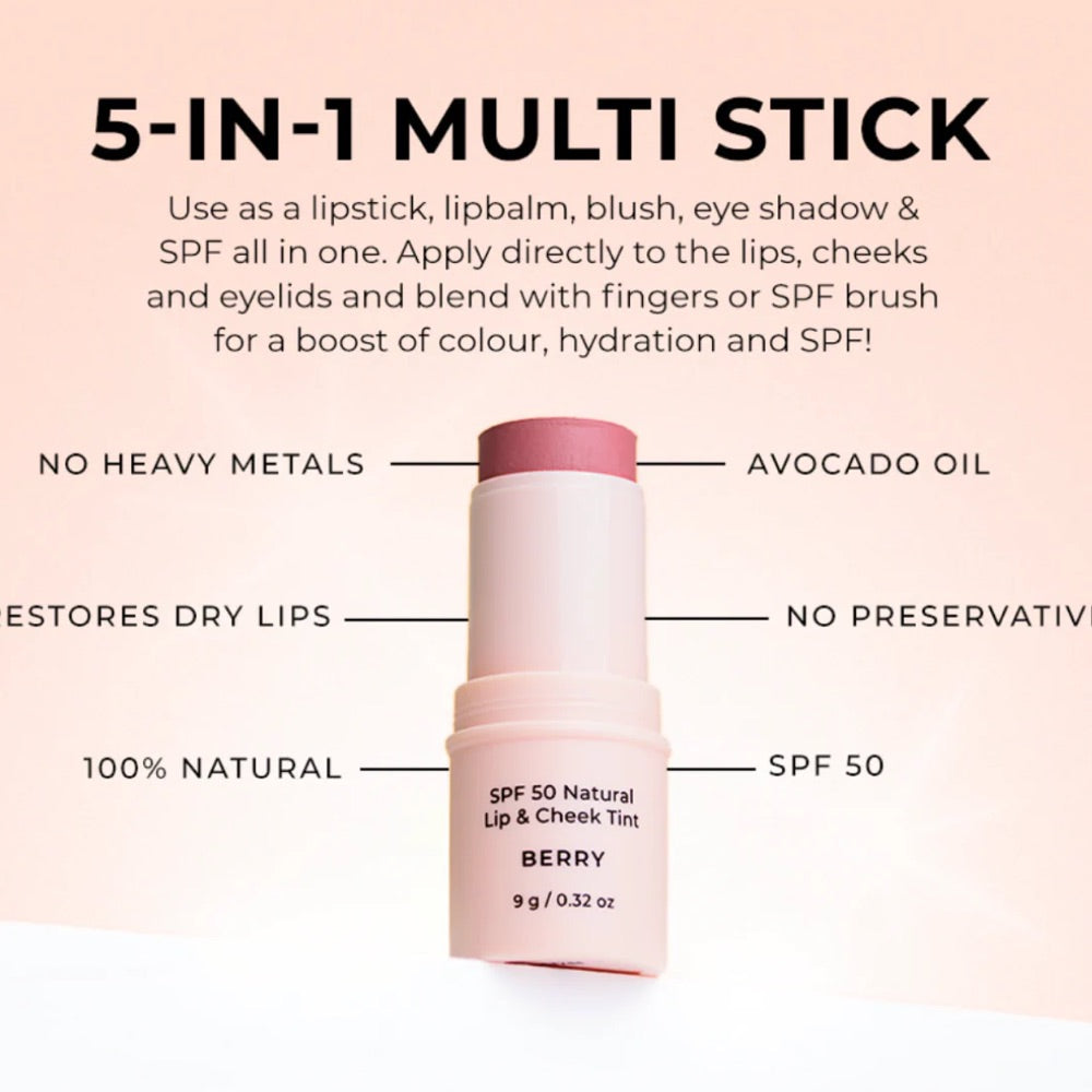 Avocado Zinc SPF50 Natural Lip & Cheek Tint - Berry 9g - L'Organic