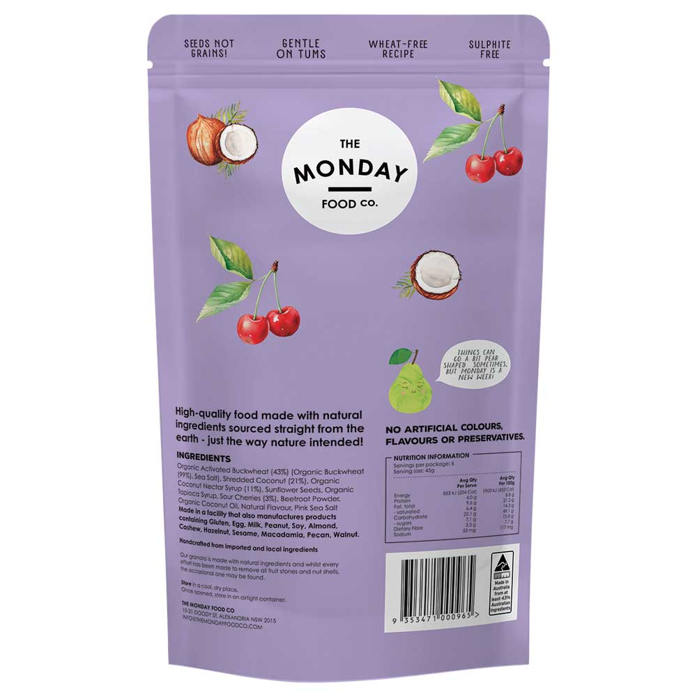 Purple package of The Monday Food Co. with ingredients list and branding on a white background