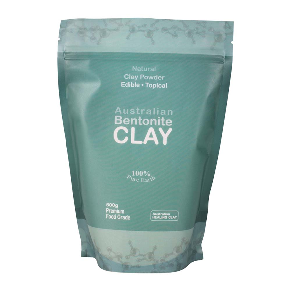 Green package of Australian Bentonite Clay on a white background