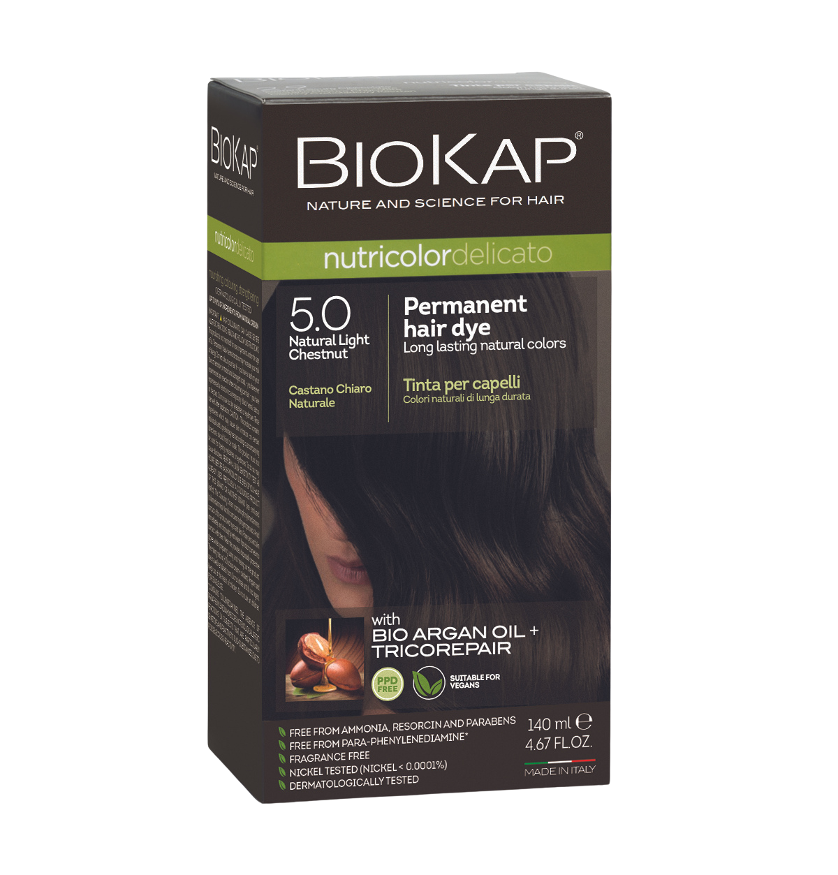Biokap permanent hair dye box with product details on a white background