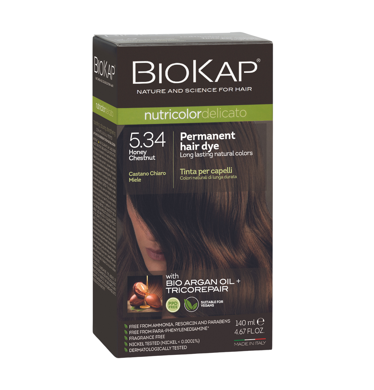Biokap permanent hair dye box with honey chestnut color on a white background
