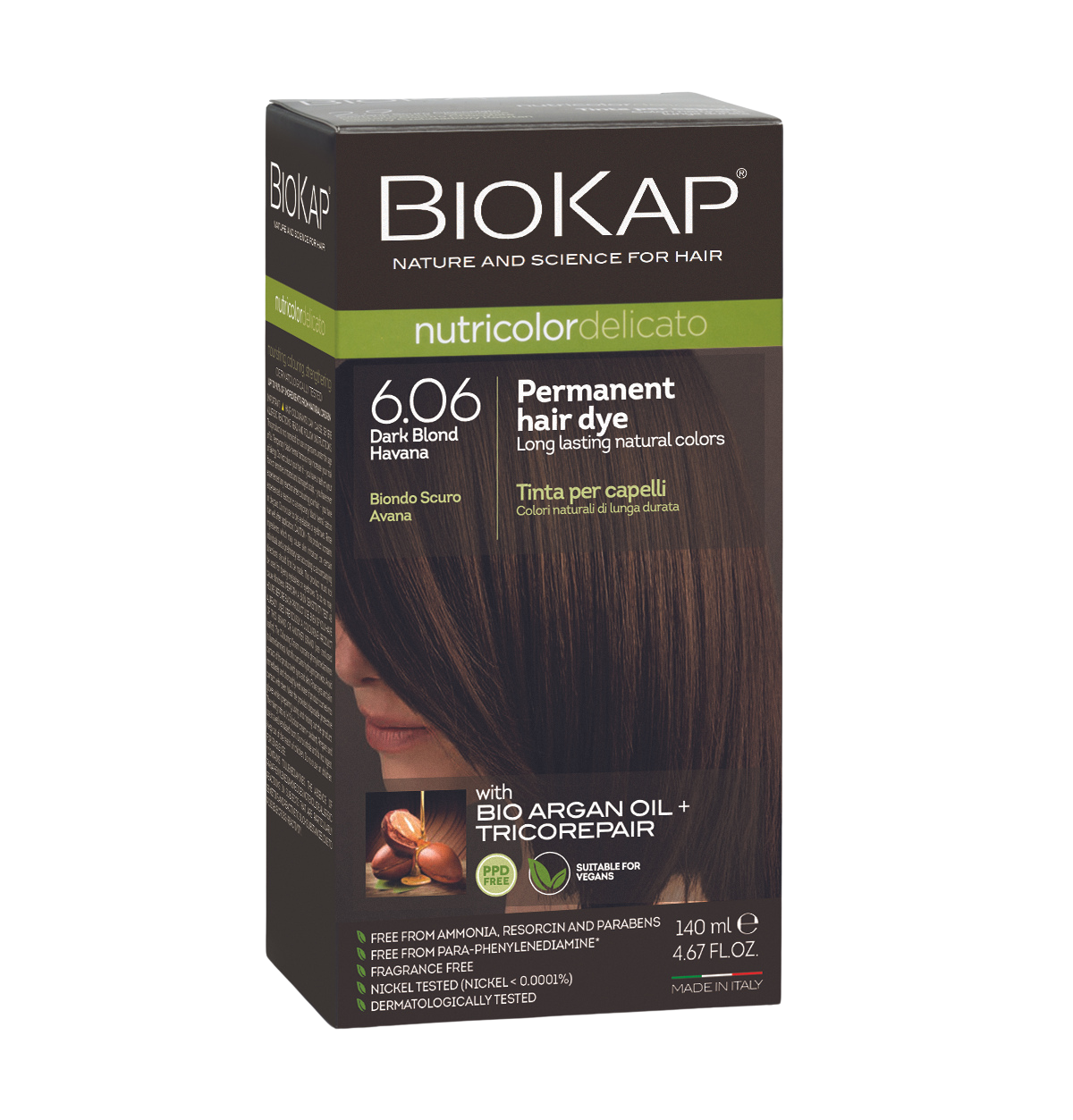 Biokap permanent hair dye box with dark blond hair on a white background