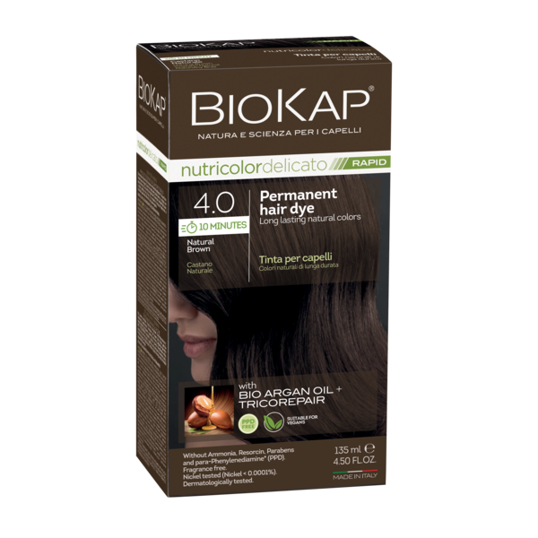BIOKAP permanent hair dye box with natural brown hair on a white background