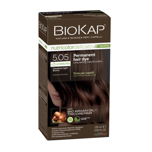 BIOKAP permanent hair dye box with chestnut light brown color on a white background