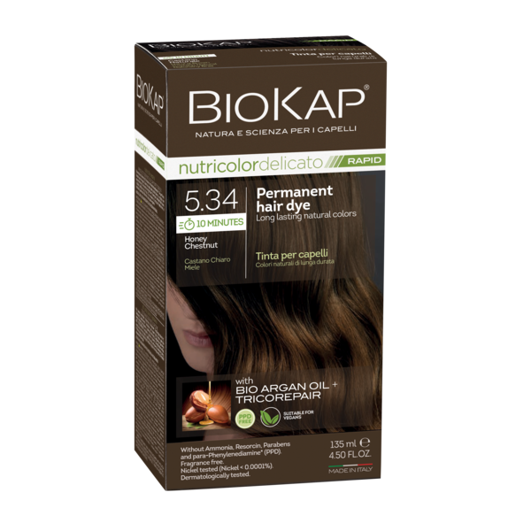BIOKAP permanent hair dye box with honey chestnut colour on a white background