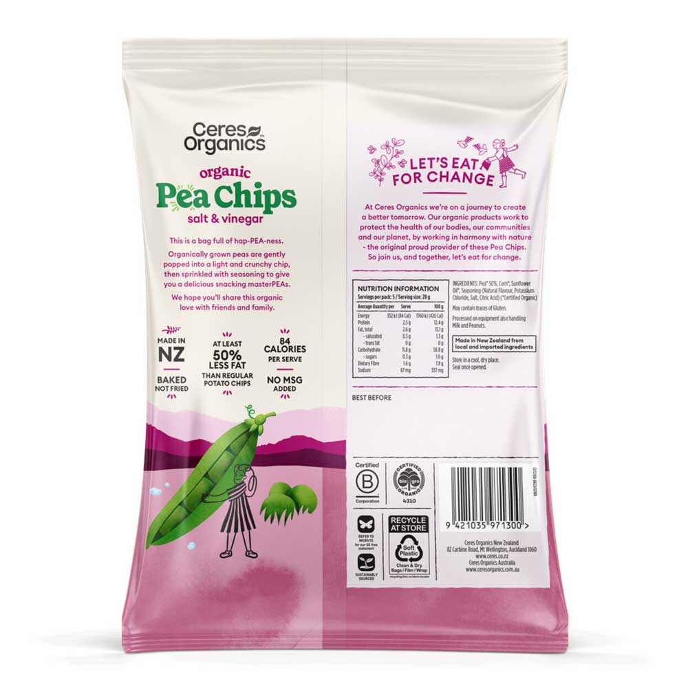 Ceres Organics pea chips salt & vinegar packaging with pink and white design