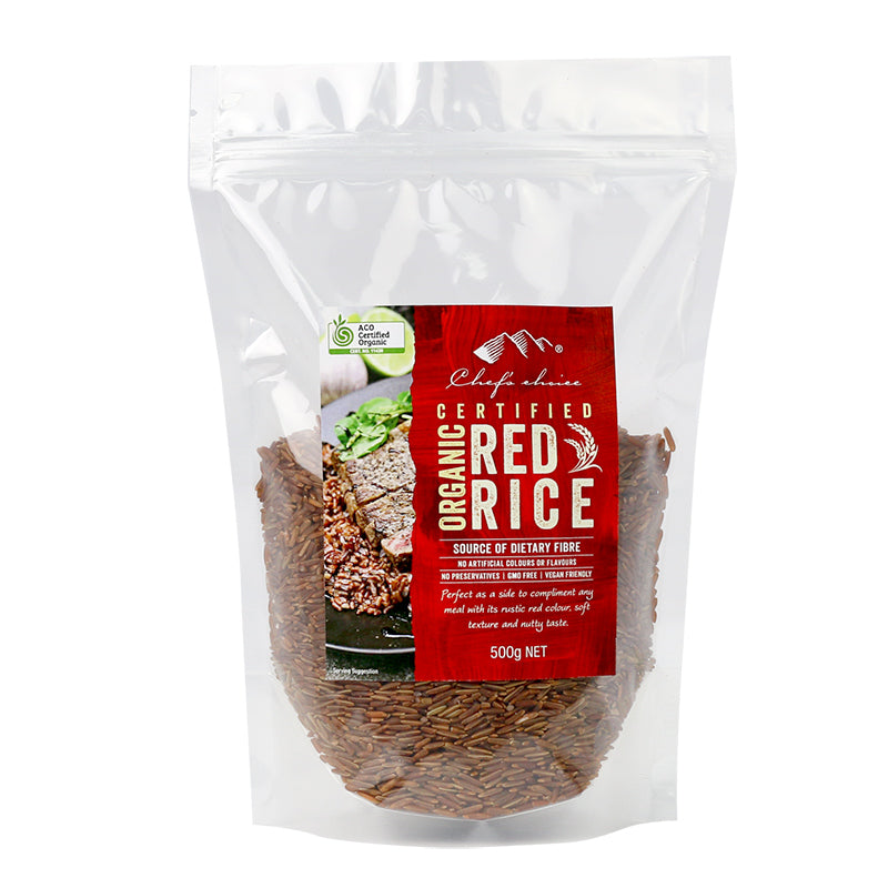 Package of organic red rice with a red label on a white background