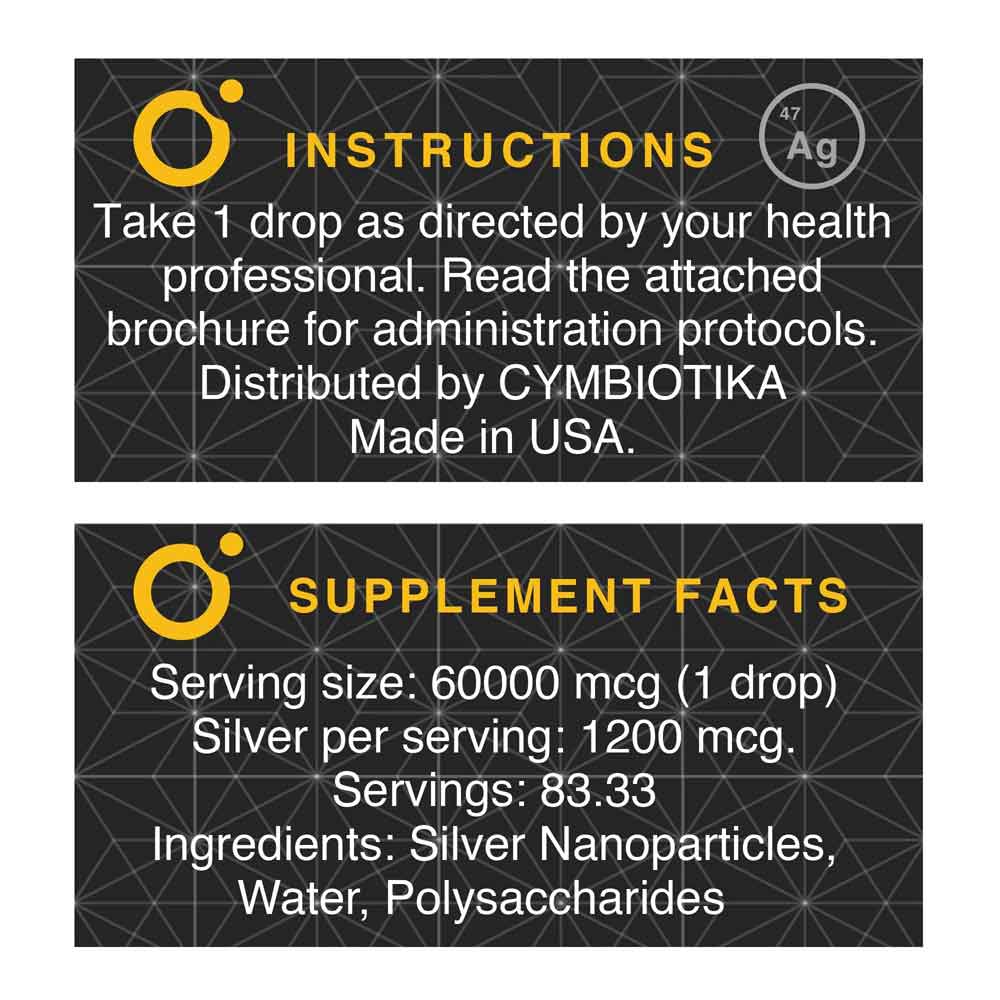 Cymbiotika coated silver Supplement label with instructions and supplement facts on a black background