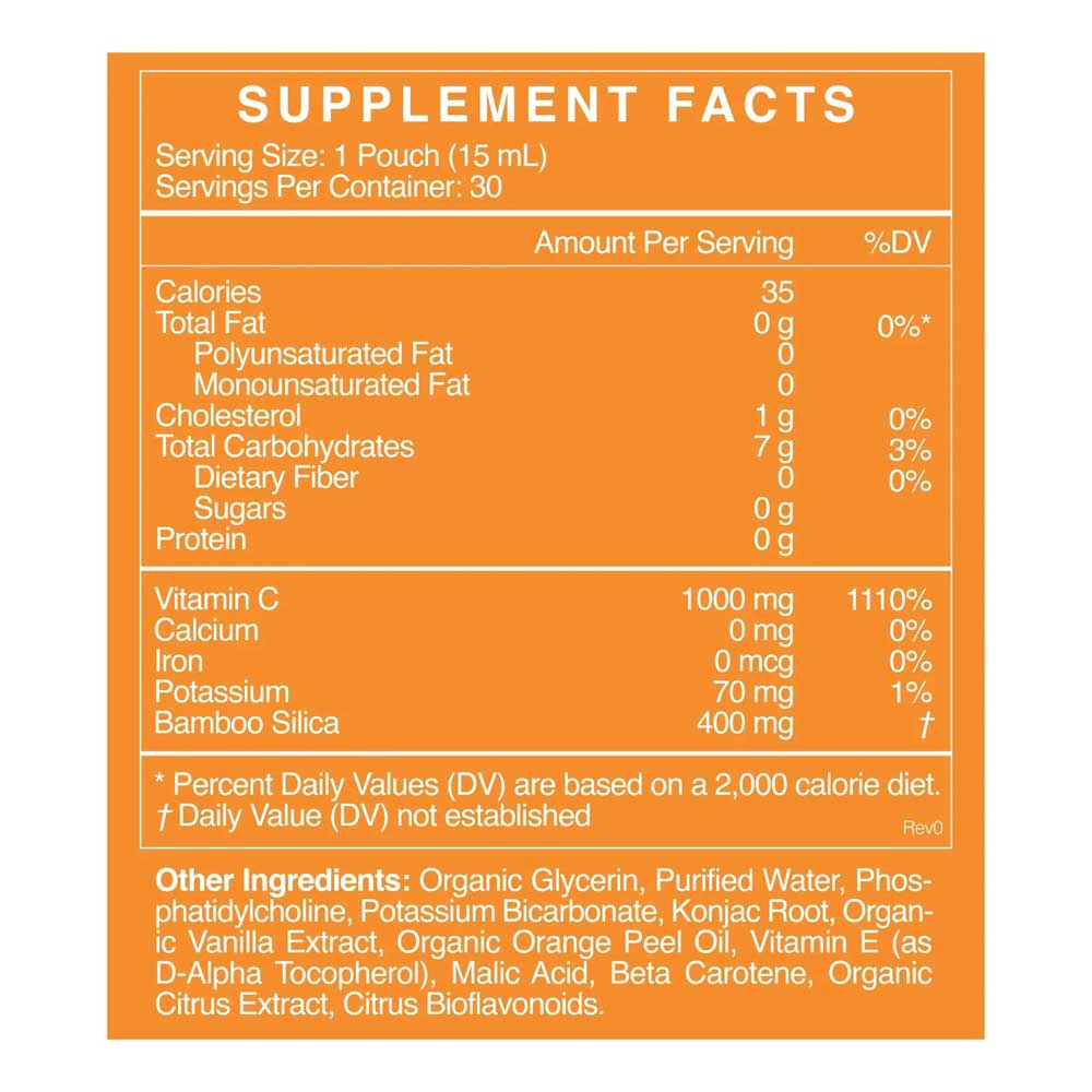 Supplement facts label with orange background and white text