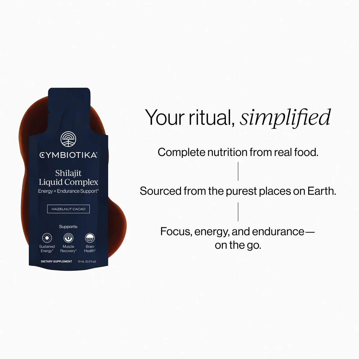 Cymbiotika Shilajit Liquid Complex supplement bottle with promotional text on a white background