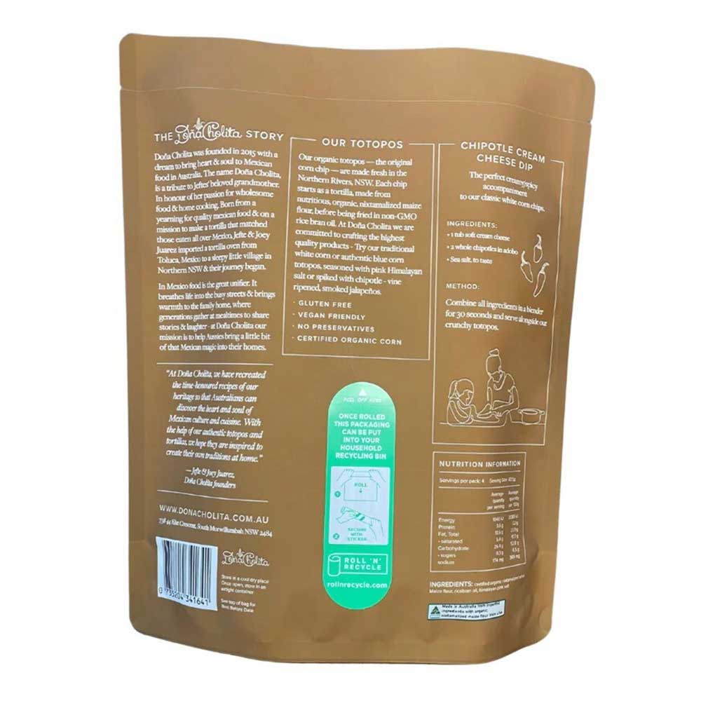 Back view of dona cholita white corn chips with text and a nutrition label on a white background