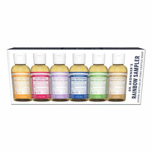 Dr Bronner's Pure Castile Liquid Soap - Rainbow Sampler - 59ml x 6 pack - L'Organic