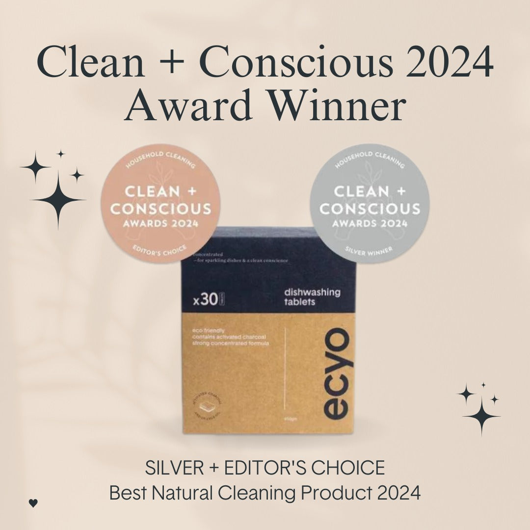 ecyo dishwashing tablets package with Clean + Conscious 2024 Award text on a beige background