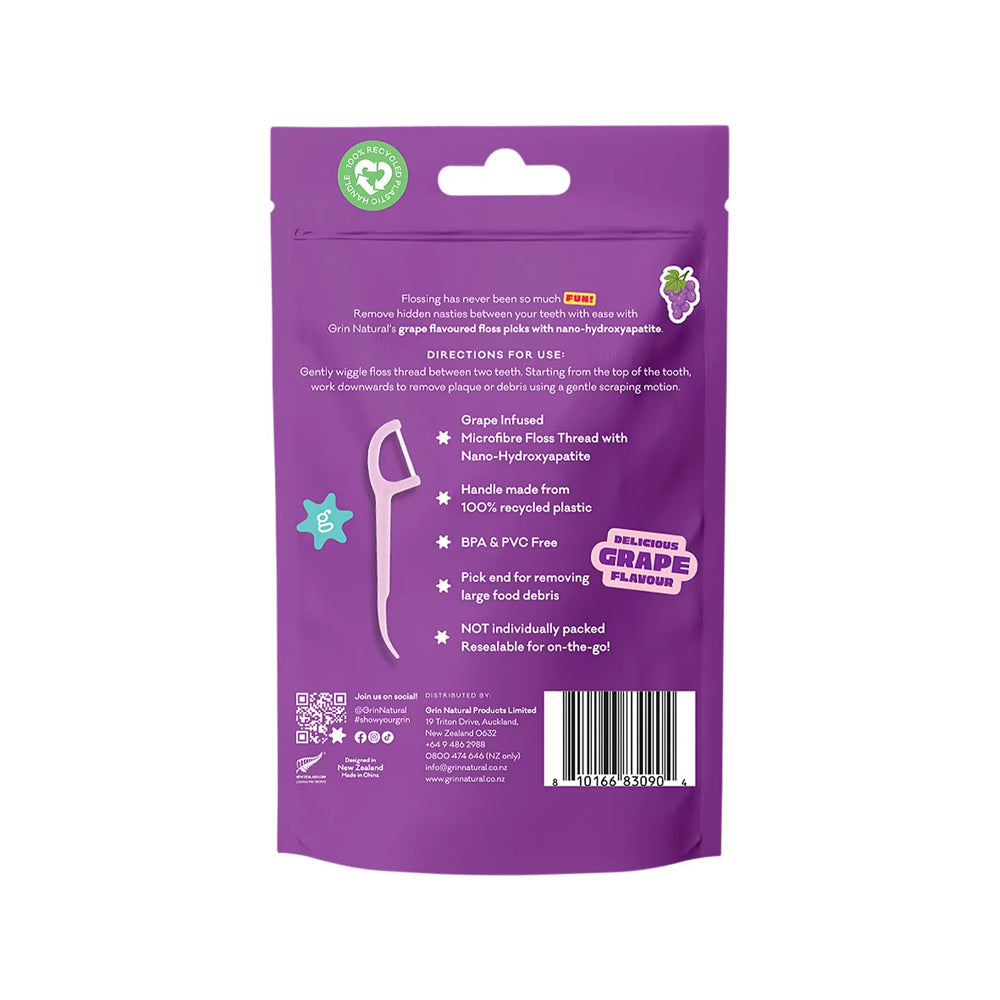 GRIN Ultra Smooth Floss Picks Grape Flavoured - 80 Pack - L'Organic