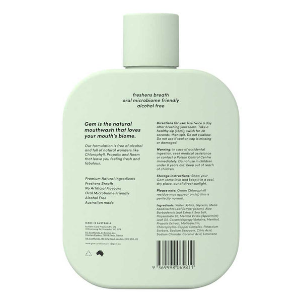 Gem Premium Natural Mouthwash Crisp Mint with Chlorophyll, Propolis & Neem - 500ml - L'Organic