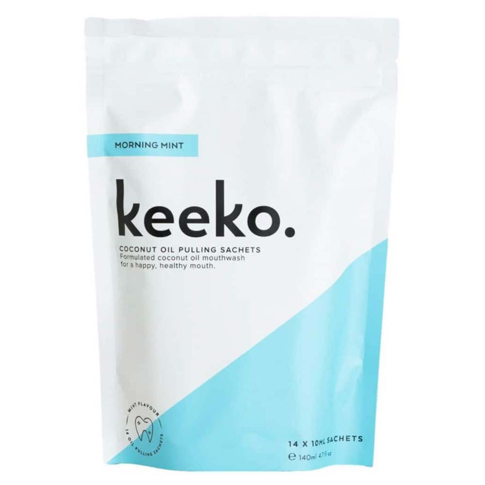keeko coconut oil pulling sachets packaging on a white background