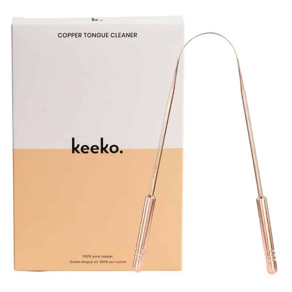Copper tongue cleaner with 'keeko' branding on a white background