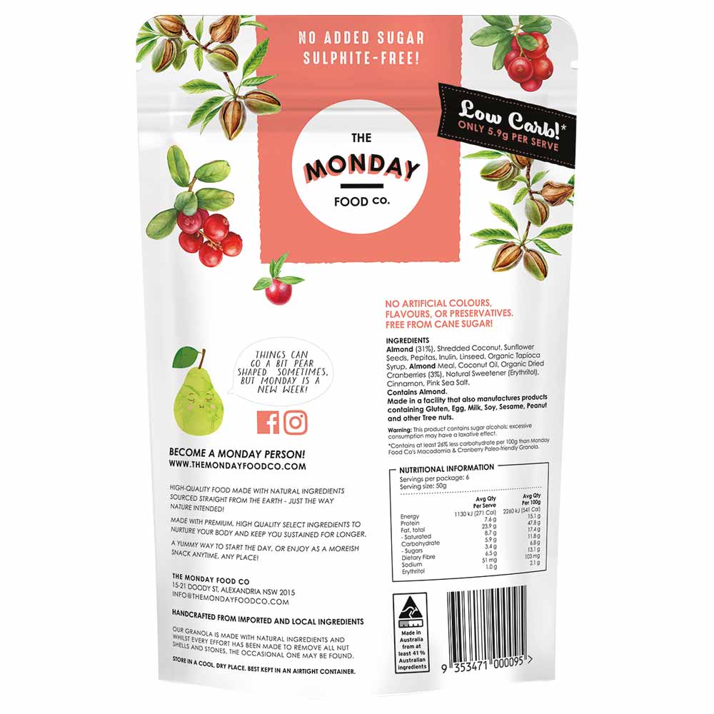 Back of a snack package from The Monday Food Co. with branding and nutritional information.