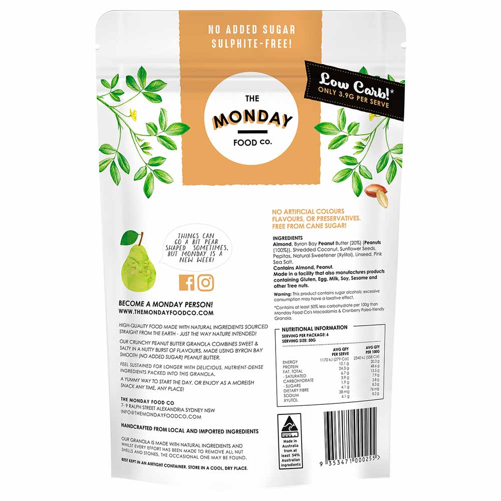 Back of a packaging for The Monday Food Co product with branding and nutritional information.