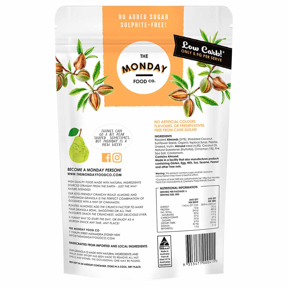 Back of a packaging for The Monday Food Co. product with nutritional information and branding details.