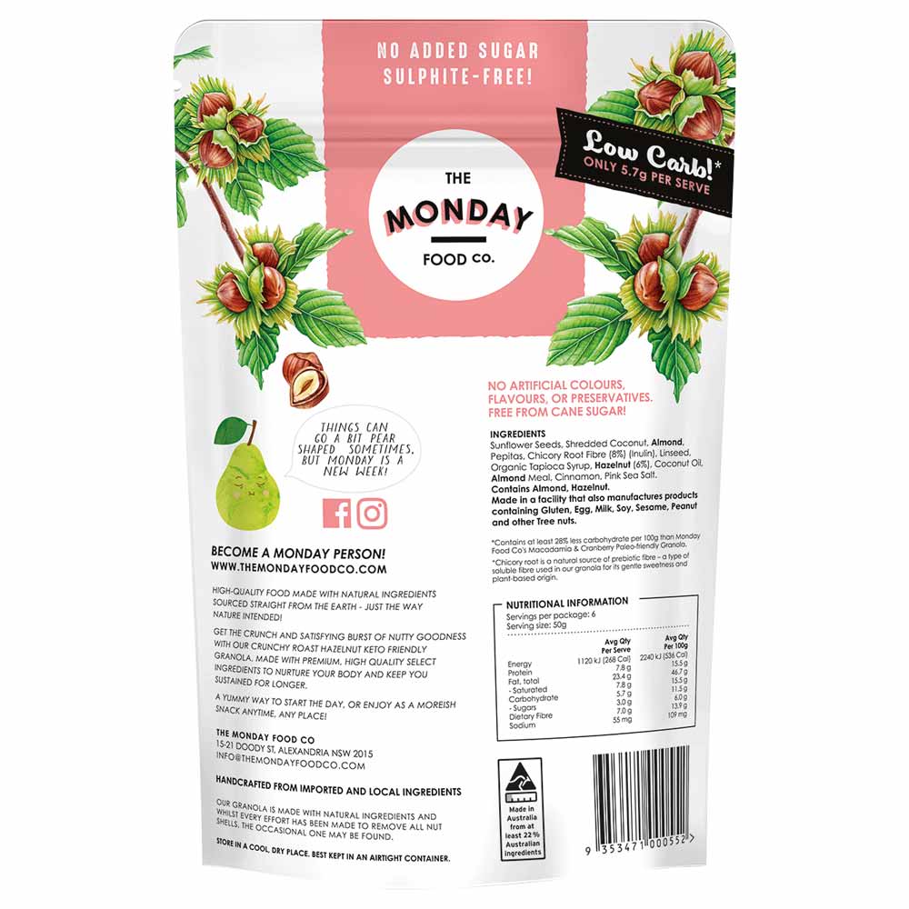 Back of a packaging for The Monday Food Co. product with branding and nutritional information.