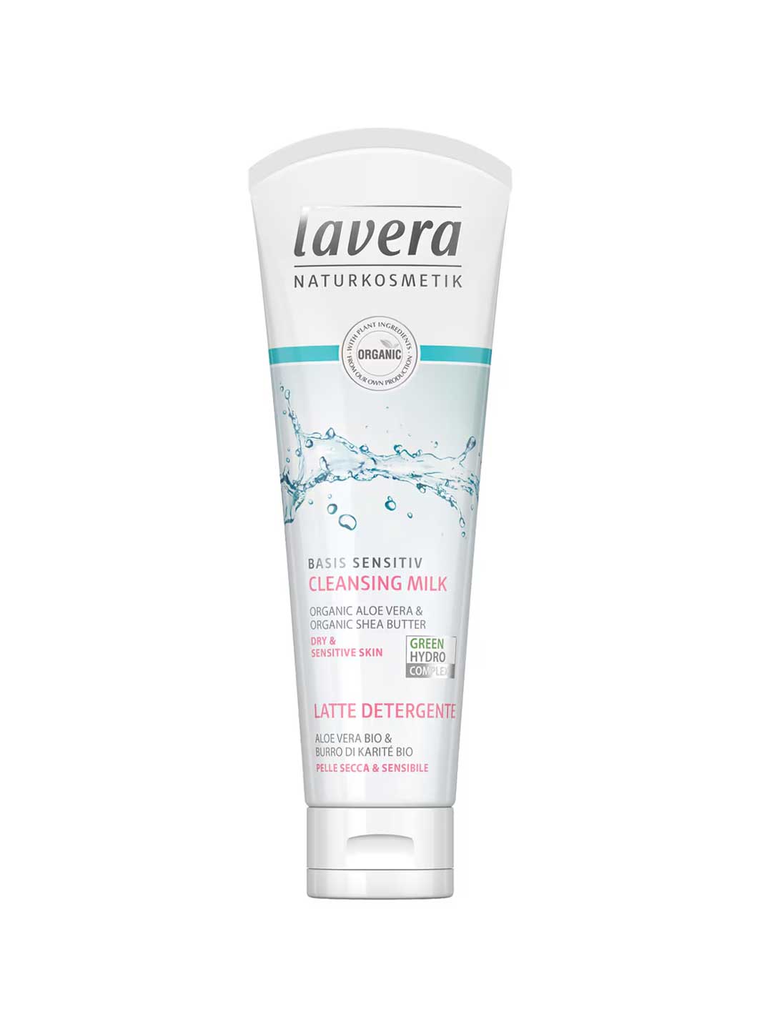 A white 125ml tube of Lavera Basis Sensitiv Cleansing Milk for sensitive skin, with aloe vera and shea butter. The packaging features blue water splash designs and product info in English and Italian.