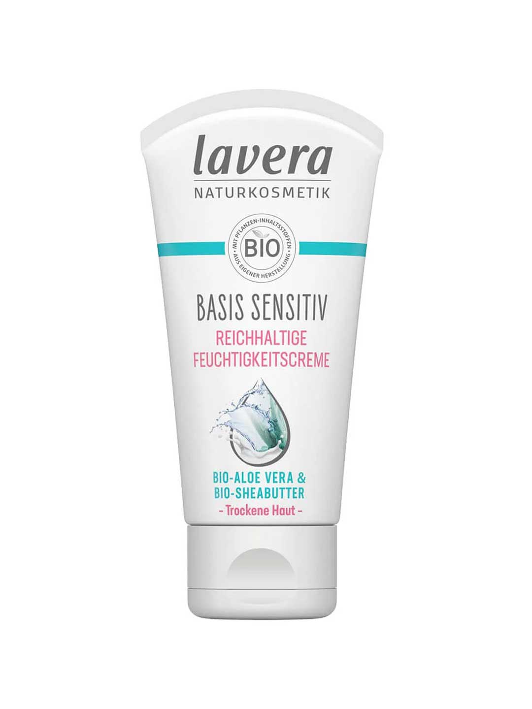 A white tube of Lavera Basis Sensitiv Regenerating Moisturising Cream 50ml for sensitive skin, with organic aloe vera and Bio-Shea Butter, features blue and pink text plus a water splash graphic on the front.