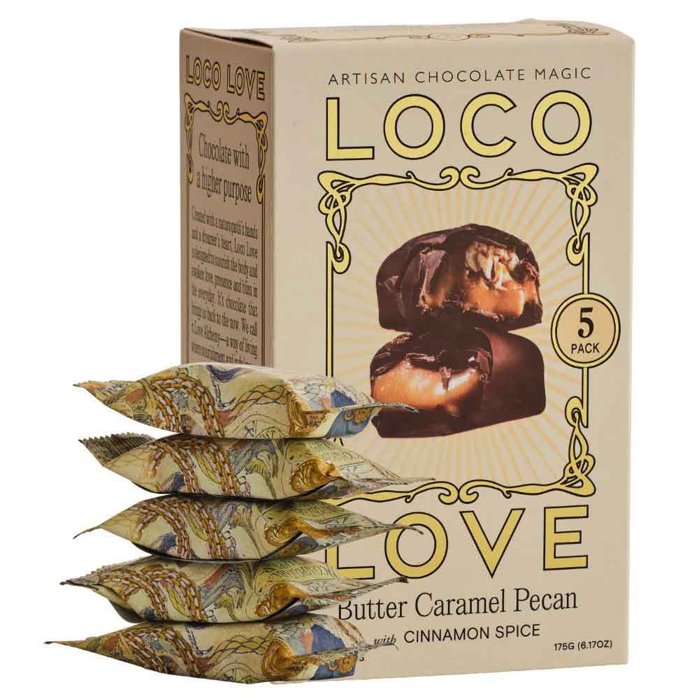 Box of Loco Love chocolate with packaging of individual bars on a white background