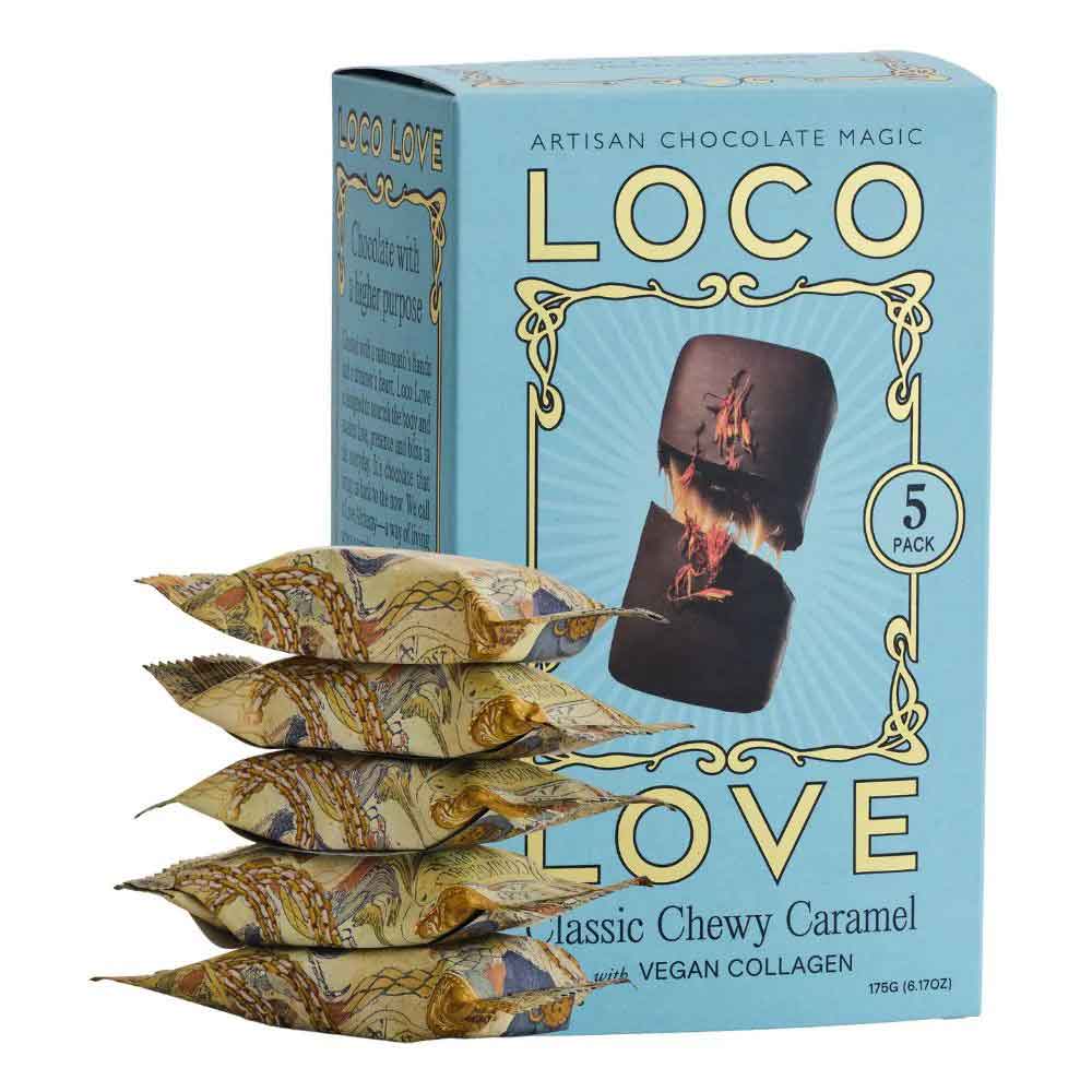 Box of Loco Love chocolate with five packets on a white background