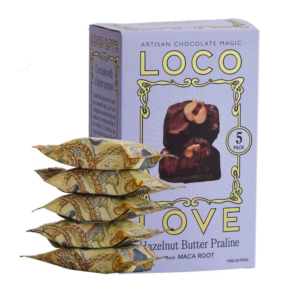 LOCO Love hazelnut butter praline packaging with multiple pralines in front