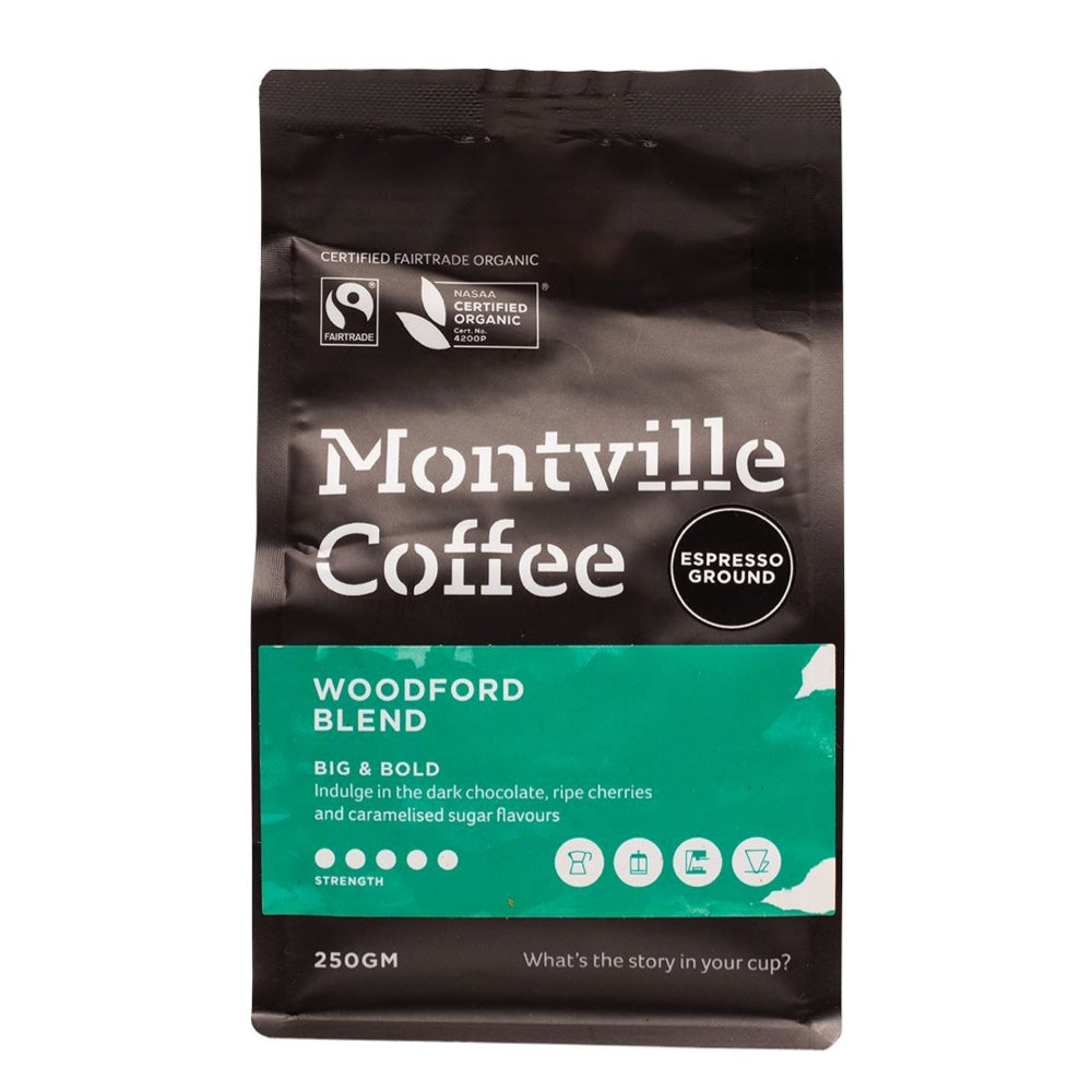 Montville Coffee Woodford Blend package on a white background