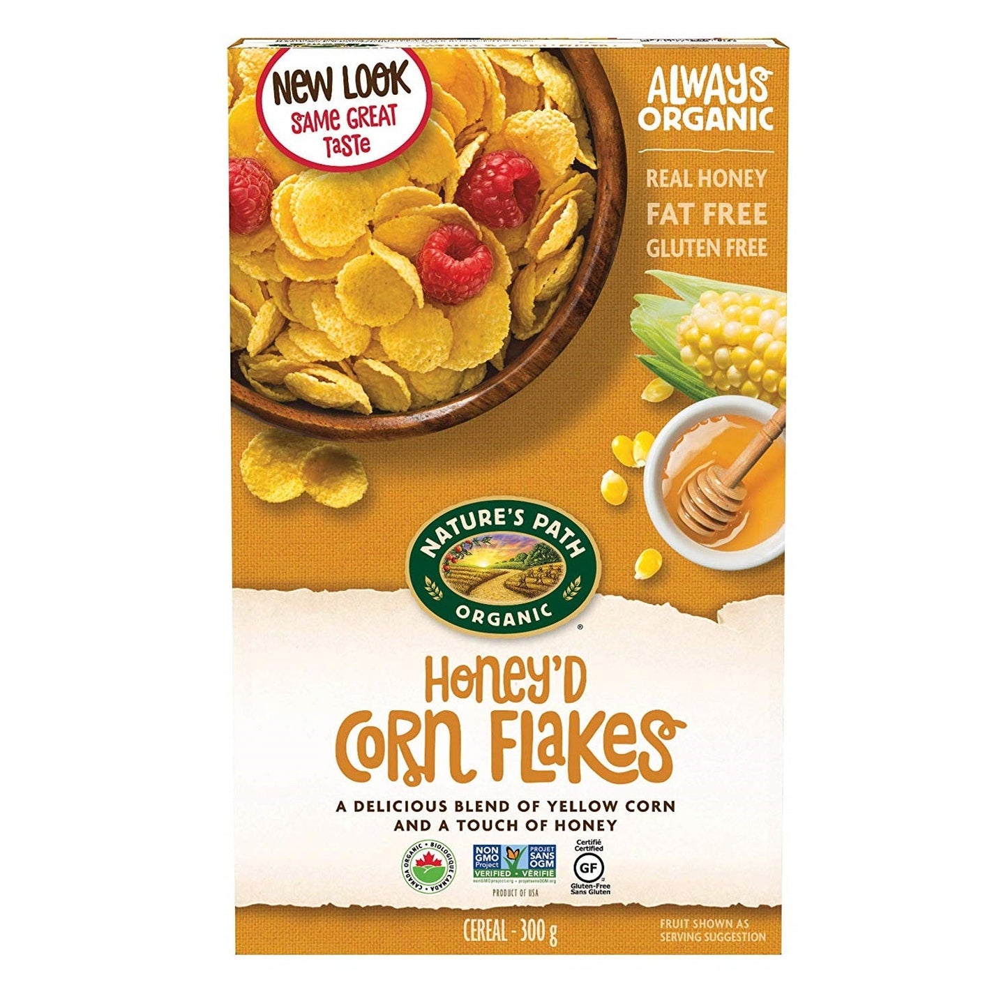 Box of Nature's Path Organic Honey'd Corn Flakes cereal with a bowl of cereal and honey on the label.