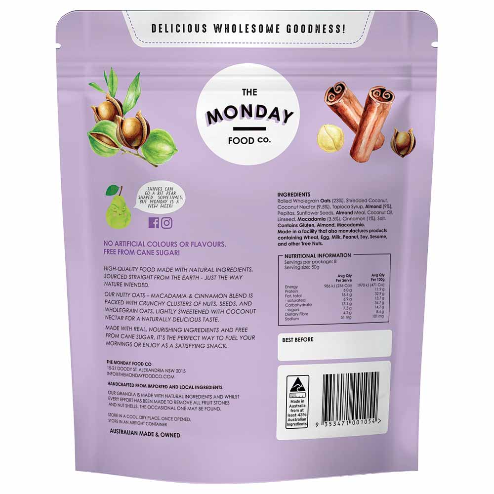 Back of a purple packaging for The Monday Food Co. product with text and branding.