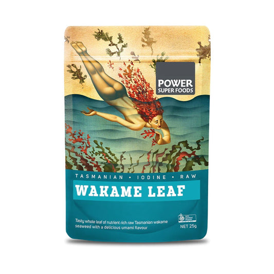 Package of Power Super Foods Tasmanian Iodine Raw Wakame Leaf with underwater scene design.