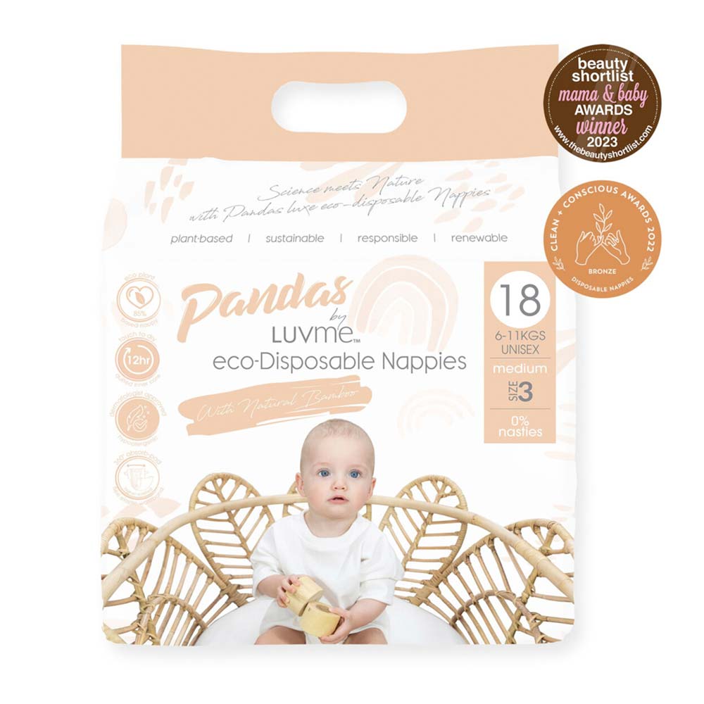 Pandas by Luvme eco-disposable nappies size 3 packaging with a baby and decorative elements.