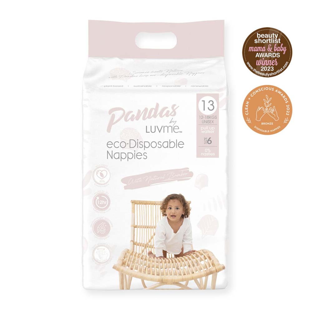Packaging of Pandas by Luvme eco-disposable bamboo nappies size 6 with a child on a chair, on a white background.
