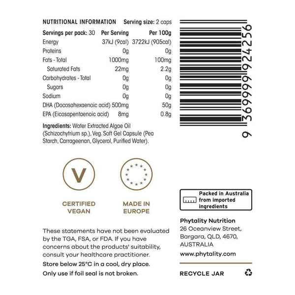 Phytality Clean Omega-3 (Ultra High Purity DHA Algae Oil) - 60 Capsules - L'Organic