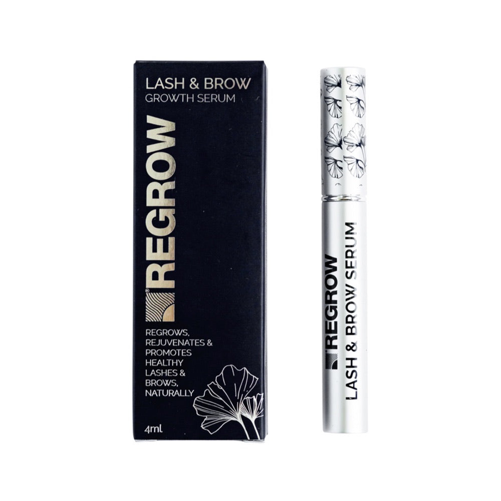 Regrow lash and brow growth serum with packaging on a white background