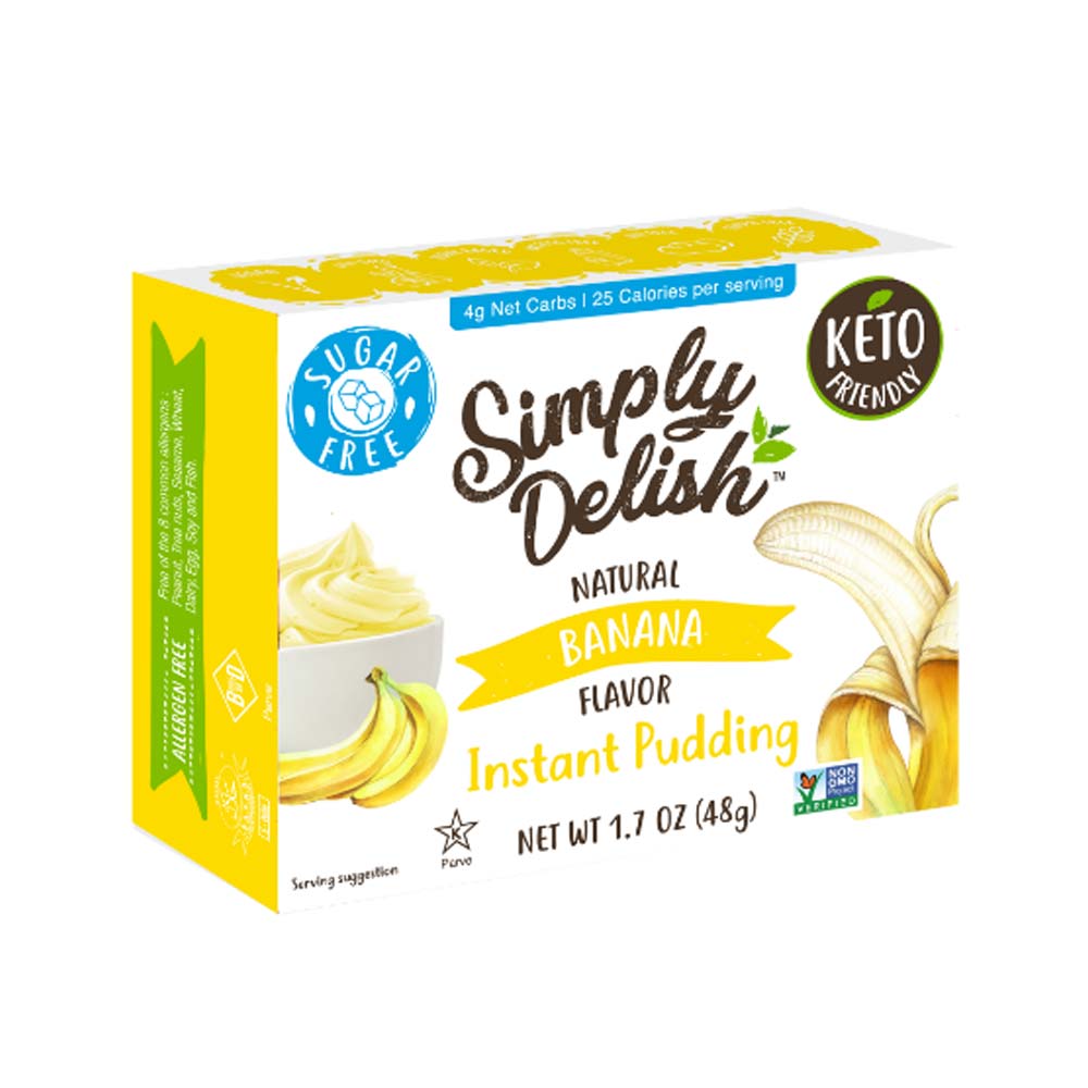 Box of Simply Delish natural banana flavor instant pudding on a white background