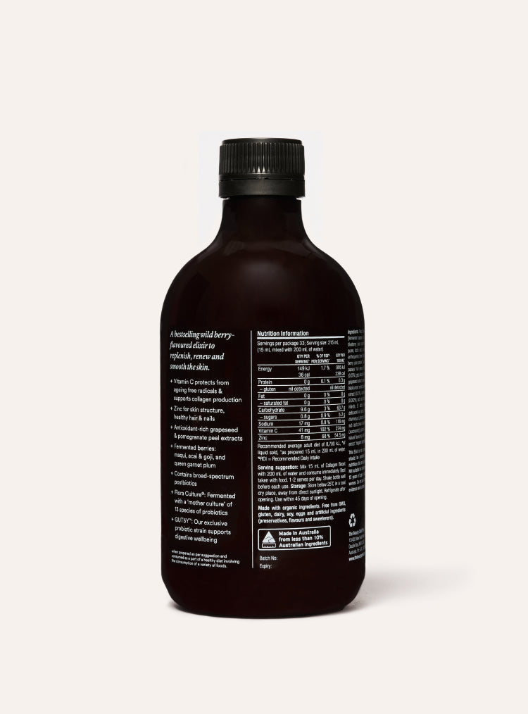 The beauty chef collagen boost black bottle with label on a white background