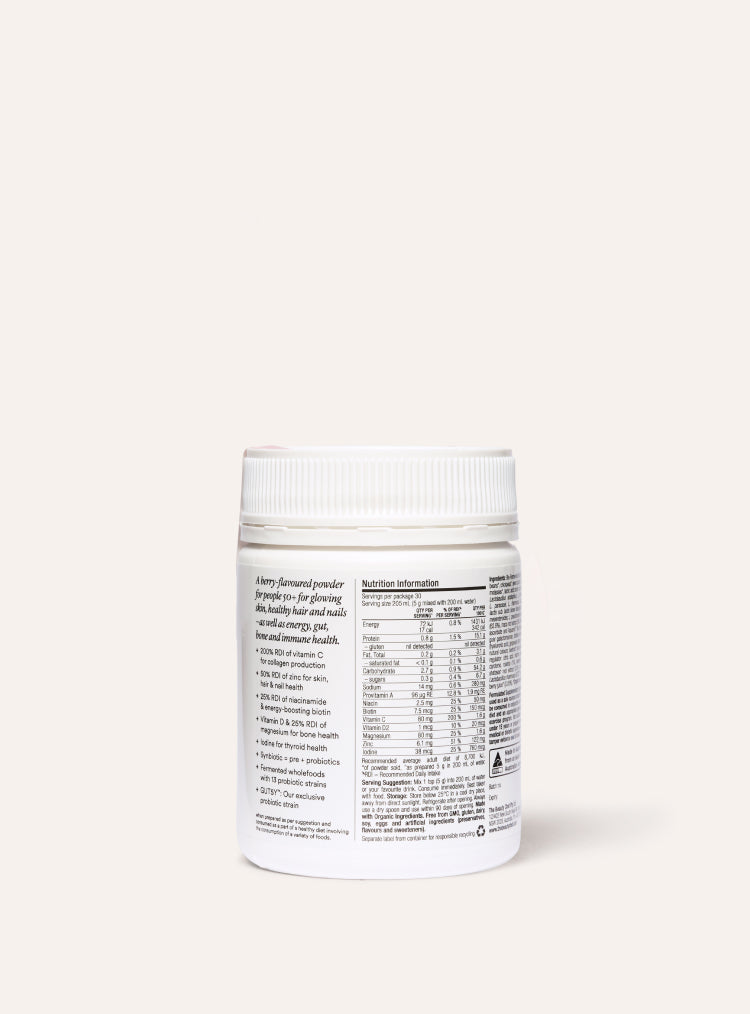 White supplement container of glow ageless with nutritional label on a white background
