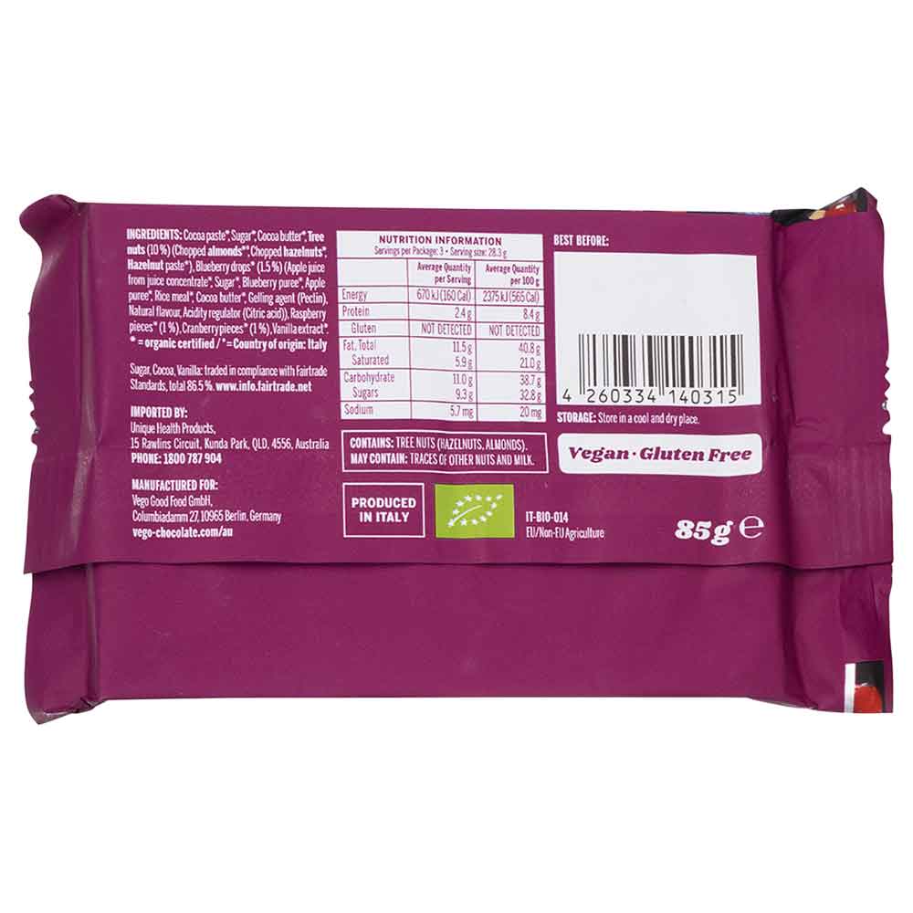 Vego Dark Chocolate Nuts & Berries Bar - 85g - L'Organic