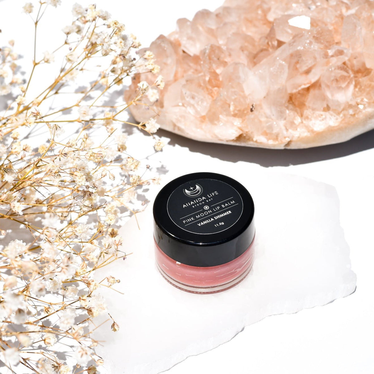 Pink Moon natural shimmer lip balm close-up - Ananda Life Byron Bay