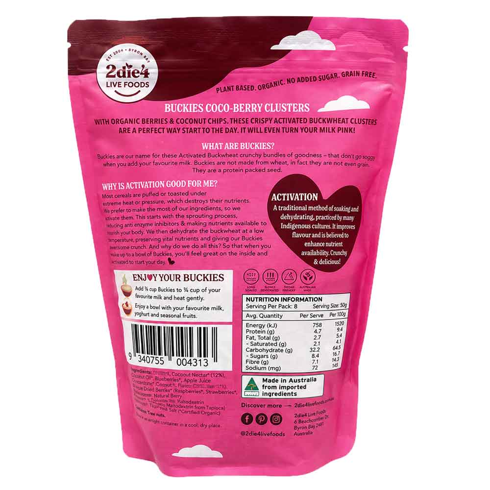 2Die4 Live Foods Organic Activated Buckies Coco-Berry Clusters - 400g