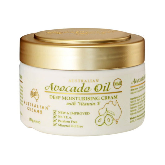 A jar of Australian Creams MKII Avocado Oil Deep Moisturising Cream with Vitamin E, 250g.