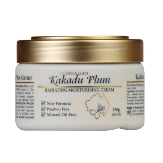 A jar of Australian Creams MkII Kakadu Plum Radiating Moisturising Cream, 250g size, with labels indicating it's paraben and mineral oil free, containing natural vitamin C from Kakadu Plum.