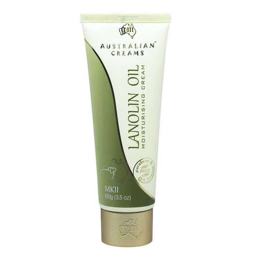 A tube of Australian Creams MKII Lanolin Oil Moisturising Day Cream against a white background.