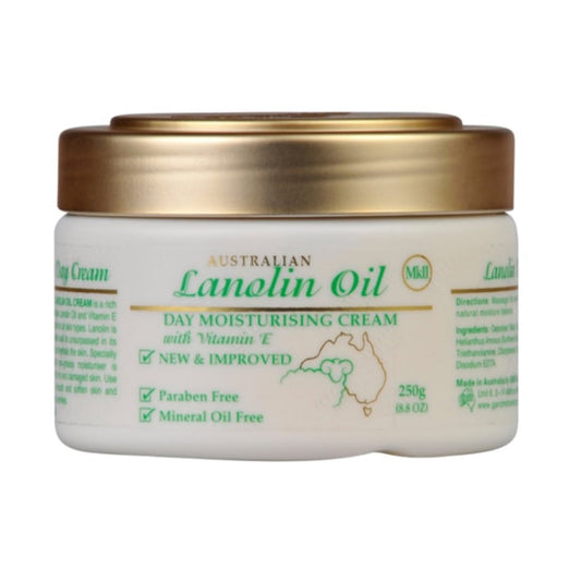 A jar of Australian Creams MKII Lanolin Oil Moisturising Day Cream, 250g size, with labels indicating it's paraben and mineral oil free.