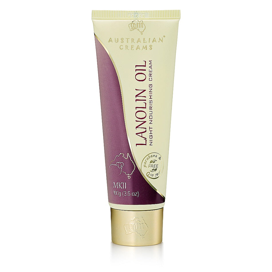 A tube of Australian Creams MKII Lanolin Oil Nourishing Night Cream against a white background.