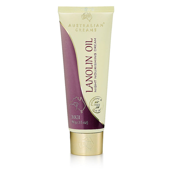 A tube of Australian Creams MKII Lanolin Oil Nourishing Night Cream against a white background.